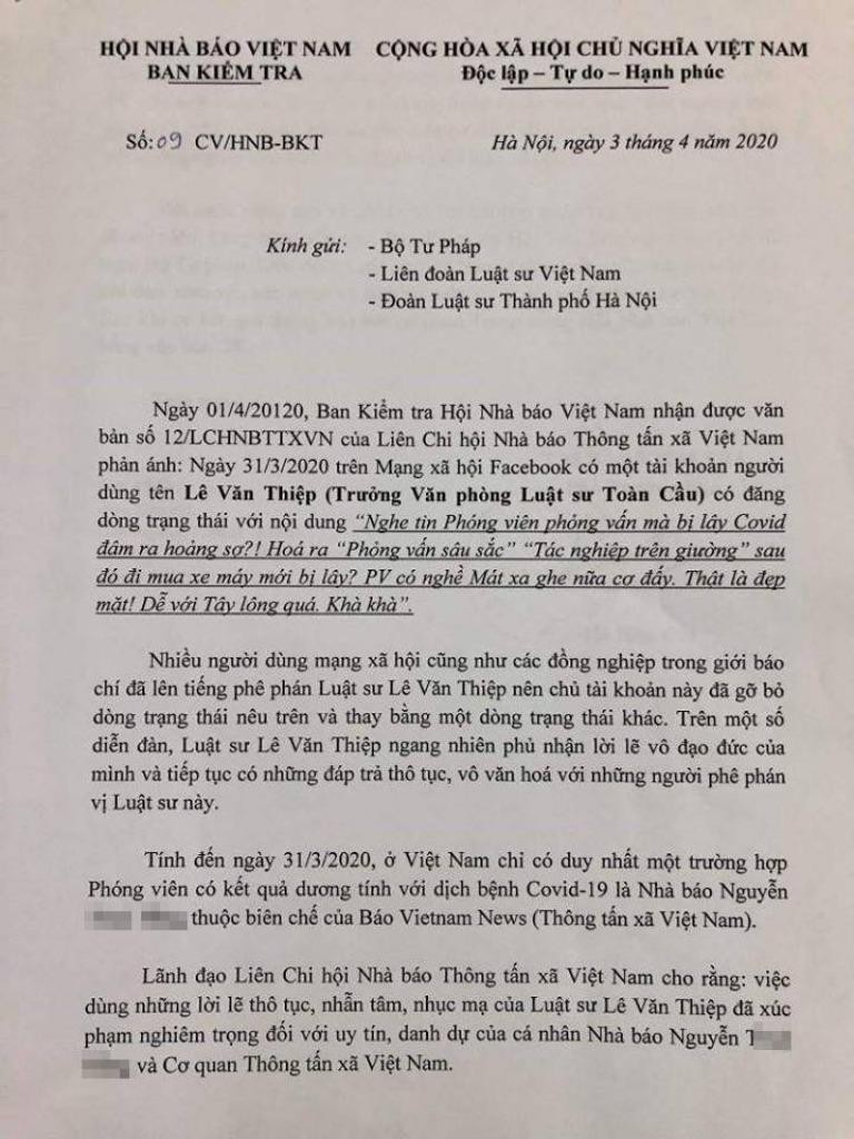 Đề nghị Bộ Tư pháp kiểm tra, xử lý người xúc phạm nhà báo mắc Covid-19 khi tác nghiệp