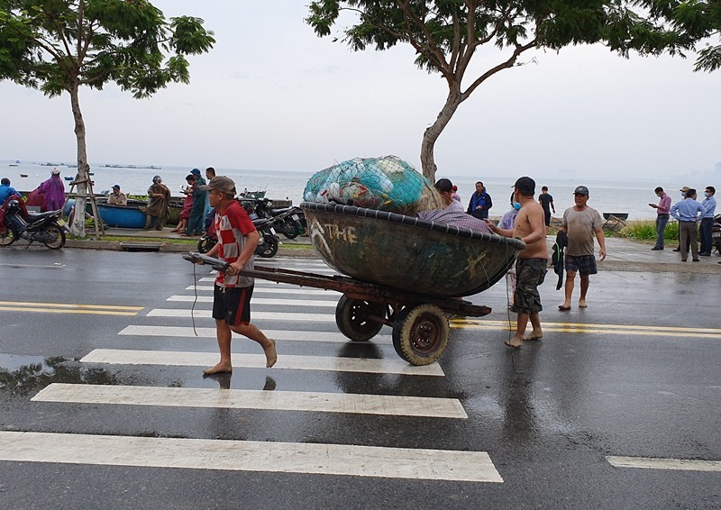 Ngư dân Đà Nẵng đội mưa kéo thuyền thúng chạy bão số 5 - ảnh 5