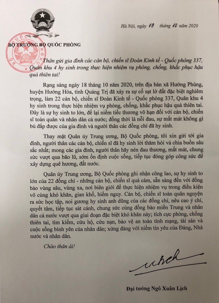 Đại tướng Ngô Xuân Lịch gửi thư các gia đình chiến sĩ đoàn 337 - ảnh 1