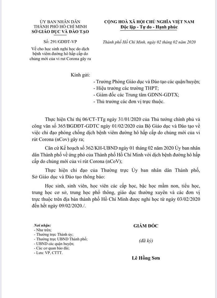 TP.HCM chính thức cho học sinh nghỉ học 1 tuần phòng Corona