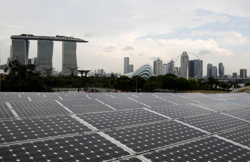 Các dãy tấm pin mặt trời gần khách sạn Marina Bay Sands và Gardens by the Bay (Singapore). Ảnh: REUTERS Thỏa thuận hạn chế nhiên liệu hóa thạch tại COP28 có ý nghĩa ra sao?
