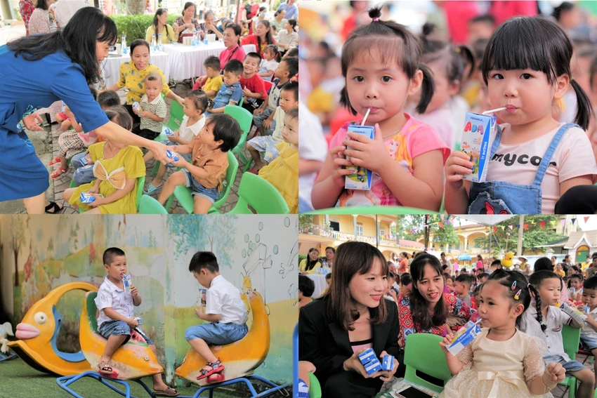 Các bé Trường Mầm non Cao Thành háo hức đón nhận những hộp sữa trong Ngày hội đến trường. ảnh 2