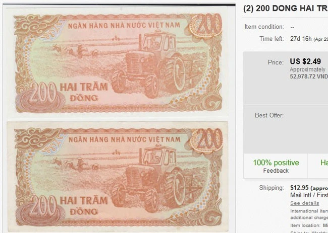Tờ tiền mệnh giá 200 đồng được rao bán trên một số trang mạng trực tuyến với mức giá 2,49 USD chưa kể phí giao hàng ảnh 1 Nhập mô tả cho ảnh
