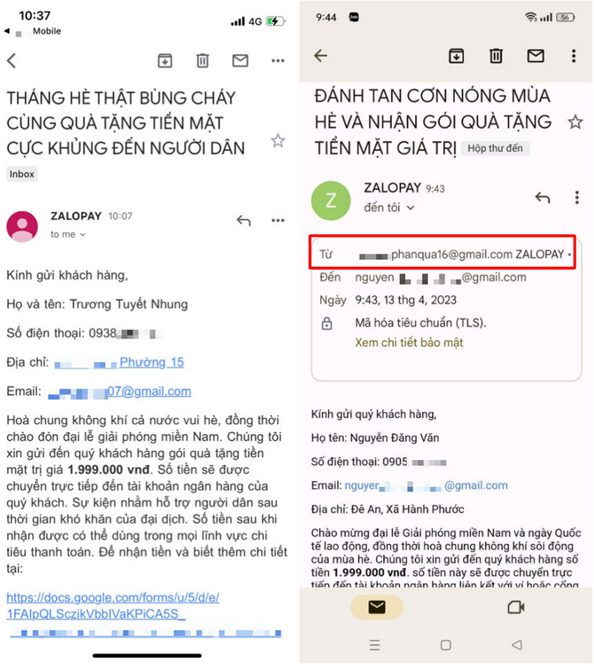 Người dùng lưu ý kiểm tra kỹ địa chỉ email người gửi (không phải tên email hiển thị) để không bị lừa