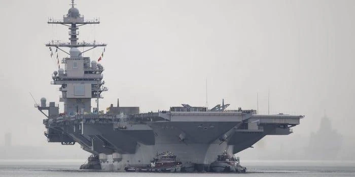 The aircraft carrier USS Gerald R Ford departs Naval Station Norfolk for the Newport News shipyard. Photo: US NAVY/William Spears