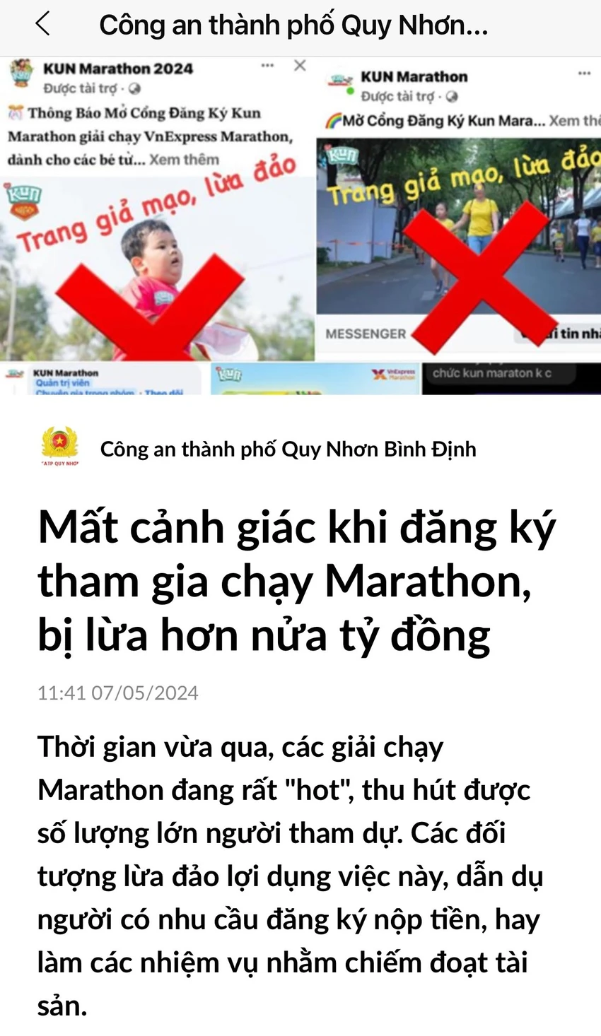Công an TP Quy Nhơn đưa thông tin cảnh báo người dân thận trọng trong đăng ký trực tuyến giải chạy marathon. lừa đảo.jpg