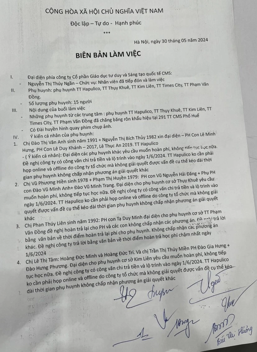Trích biên bản buổi làm việc giữa bà Ngần và phụ huynh ngày 30-5. Ảnh: Phụ huynh cung cấp trung tâm CMS -4.jpg