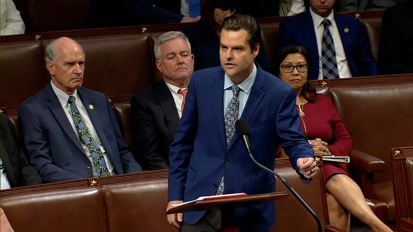 Hạ nghị sĩ đảng Cộng hòa đại diện bang Florida Matt Gaetz hôm 3-10. Ảnh: HOUSE TV 47e825ac-0a12-46e8-b5dd-044309ae.jpg
