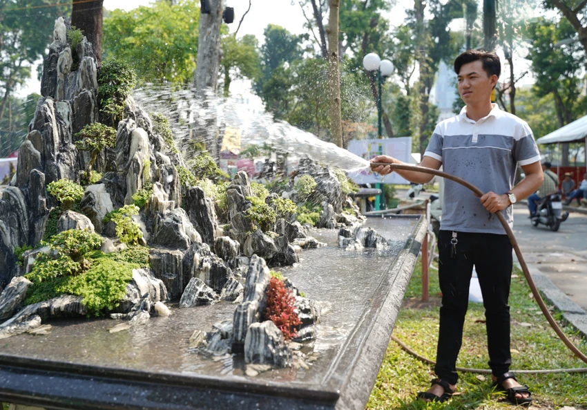 Anh Phan Ngọc Anh, chủ nhà vườn Hóc Môn phun nước, chăm sóc "Hòn non bộ", tác phẩm được gia đình anh vận chuyển từ huyện Hóc Môn đến công viên Tao Đàn, dự thi nghệ thuật ngành hoa kiểng. Hoi-hoa-xuan-at-ty (6).jpg