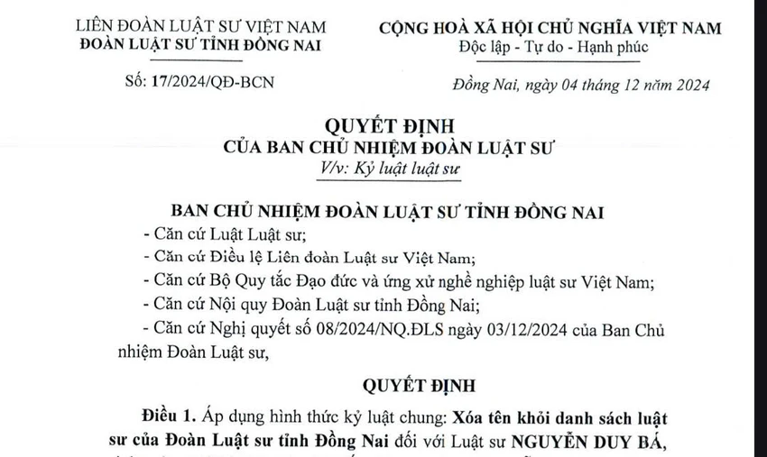 Quyết định kỷ luật của Ban chủ nhiệm Đoàn luật sư tỉnh Đồng Nai đối với Luật sư Nguyễn Duy Bá. đoàn luật sư.jpg