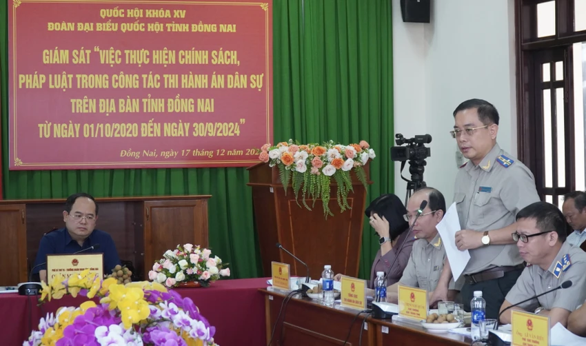 Cục trưởng Cục THADS tỉnh Đồng Nai Trịnh Ngọc Quỳnh thông tin tại buổi giám sát. Ảnh: VŨ HỘI Thi hành án 2. .jpg