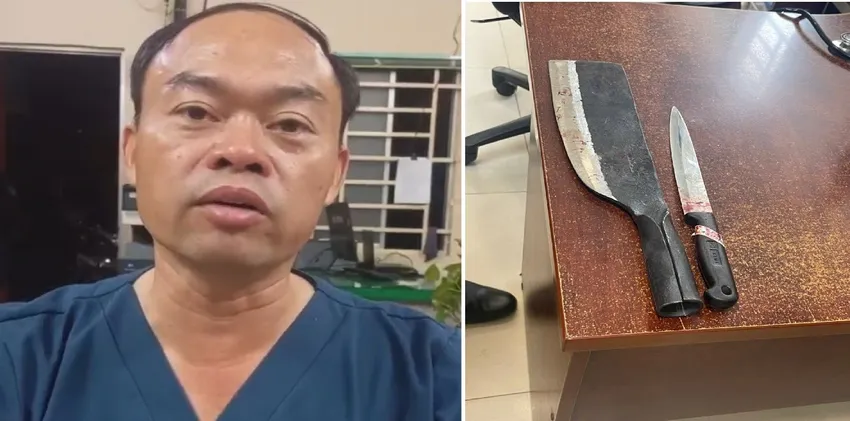 Trần Xuân Hiền cùng tang vật 2 con dao. Ảnh: CA. đâm chém đồng nghiệp...jpeg