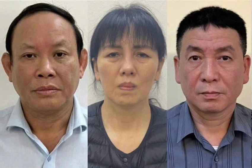 Các bị cáo (từ trái sang phải): Nguyễn Đức Thái, Nguyễn Thị Thanh Thủy, Đinh Quốc Khánh. Ảnh: BCA Nhà xuất bản Giáo dục Thủy 3.jpg