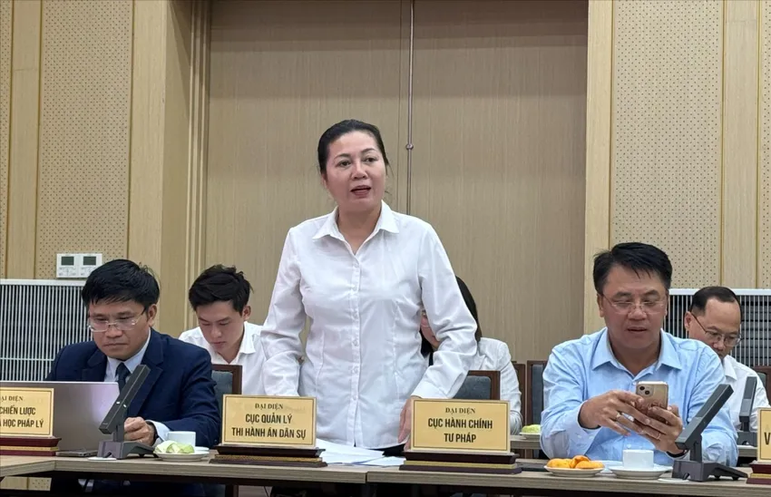 Bà Trần Thị Phương Hoa, Phó cục trưởng Cục Quản lý thi hành án dân sự (Bộ Tư pháp) thông tin tại cuộc họp báo của Bộ Tư pháp. Ảnh: Hoàng Huy Trần Thị Phương Hoa Đinh La Thăng thi hành án.jpg