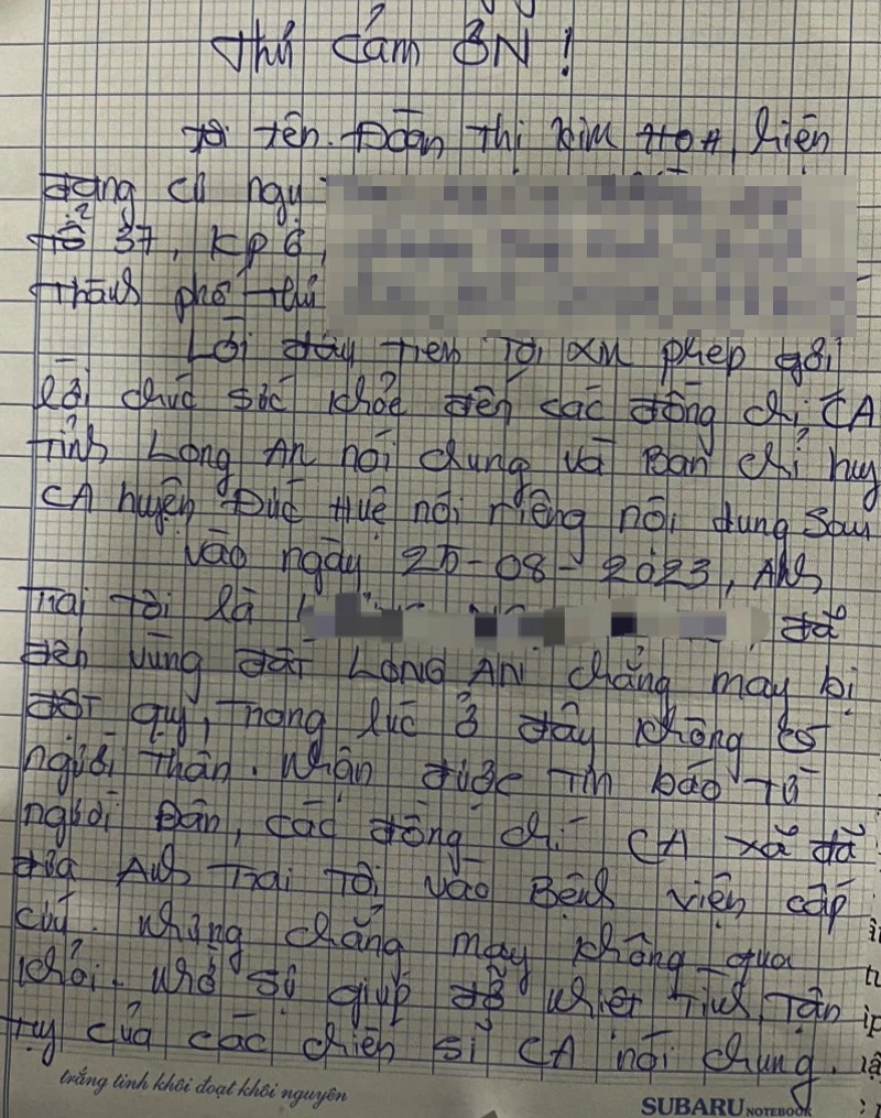Thư cảm ơn của bà Hoa gửi đến Công an xã Mỹ Thạnh Bắc. Ảnh: CA thư-cam-ơn-cong-an-xa.jpg