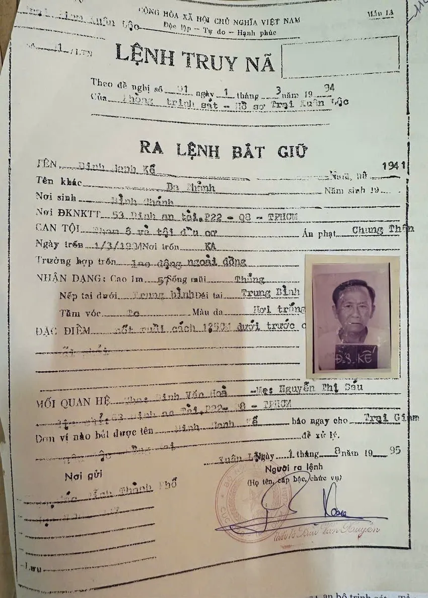 Lệnh truy nã Đinh Sanh Kế vào ngày 1-8-1995. Ảnh: C.A pham-nhan-84-tuoi-van-phai-thi-hanh-an-sau-khi-tron-trai-.jpg