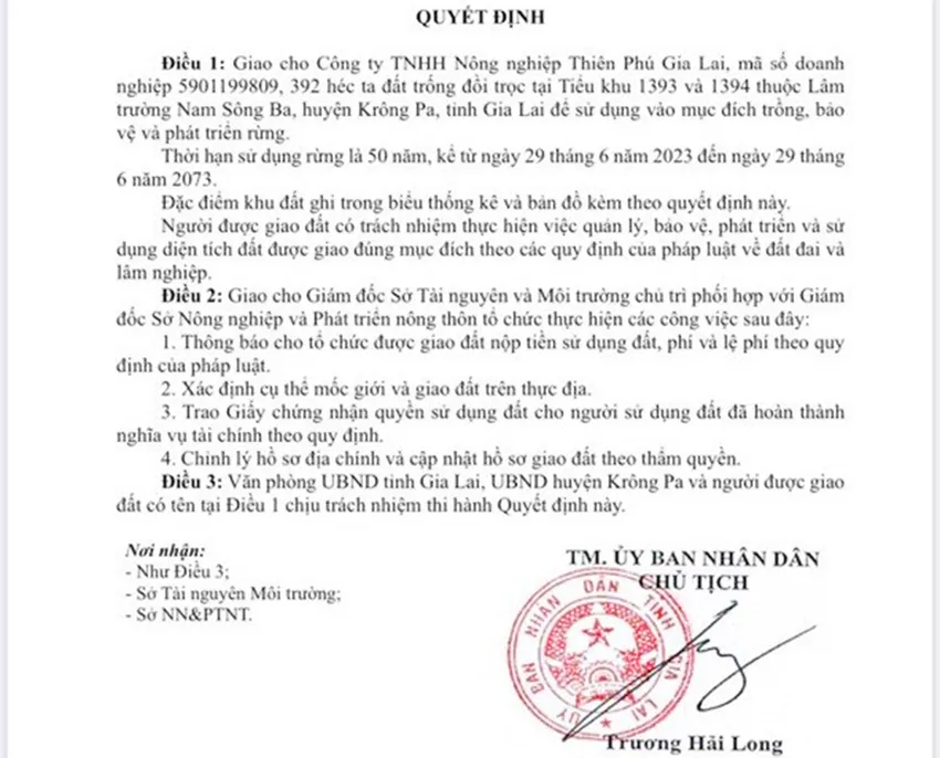 Quyết định giả mạo con dấu UBND tỉnh Gia Lai và chữ ký của ông Trương Hải Long, Chủ tịch UBND tỉnh Gia Lai. Ảnh: LK. Giả mạo quyết định UBND tỉnh Gia Lai