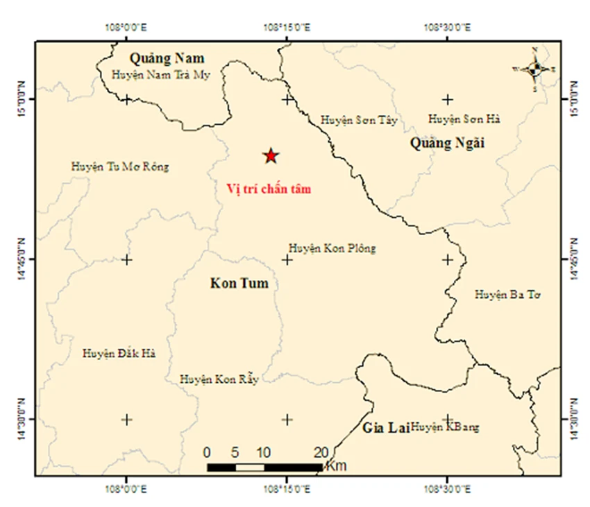 Tâm chấn trận động đất có độ lớn 4.2 xảy ra trên địa bàn huyện Kon Plông, tỉnh Kon Tum. Ảnh: VVLĐC. Huyện Kon Plông Kon TUm ghi nhận trận động đất mạnh