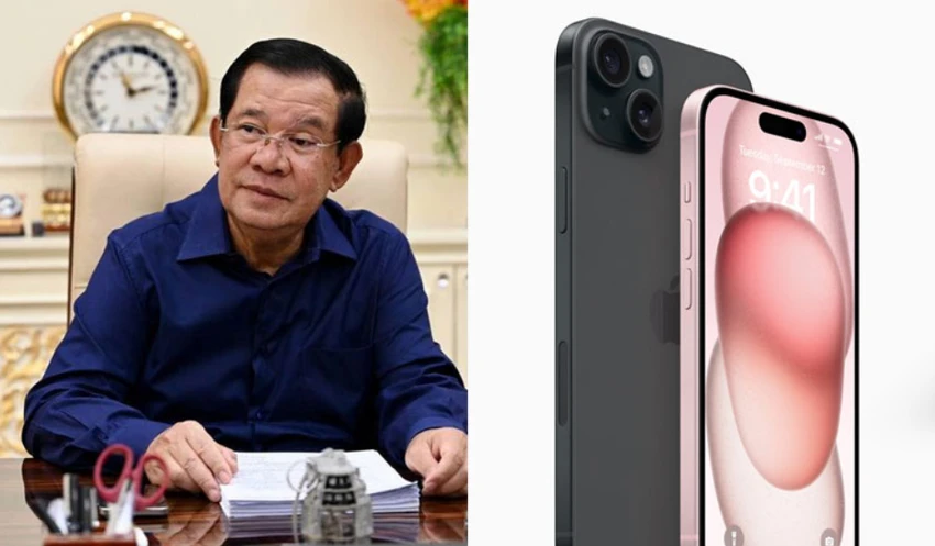 Cựu Thủ tướng Campuchia Hun Sen và mẫu điện thoại iPhone. Ảnh: KHMER TIMES hunsen.jpg