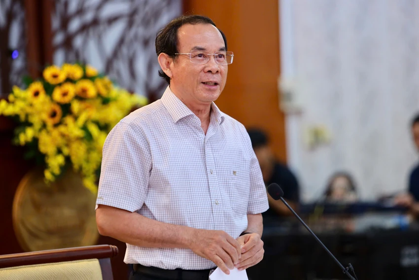 Bí thư Thành ủy TP.HCM Nguyễn Văn Nên phát biểu tại buổi làm việc. Ảnh: NGUYỆT NHI 50-nam-giai-phong-mien-nam-thong-nha-dat-nuoc (7).jpg