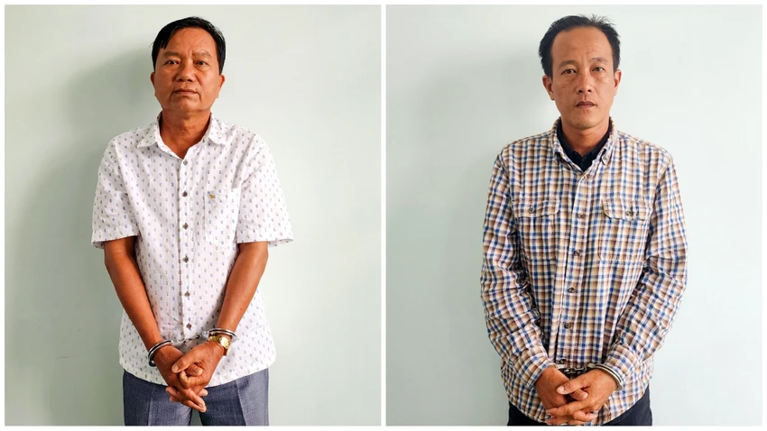 Từ trái qua: Bị can Nguyễn Thái Ngạn và bị can Nguyễn Tấn Dũng bị khởi tố, bắt tạm giam để điều tra tội môi giới hối lộ. Ảnh: VĂN VŨ cong-an-tinh-kien-giang-vu-lam-luat-tren-bien-1.jpg