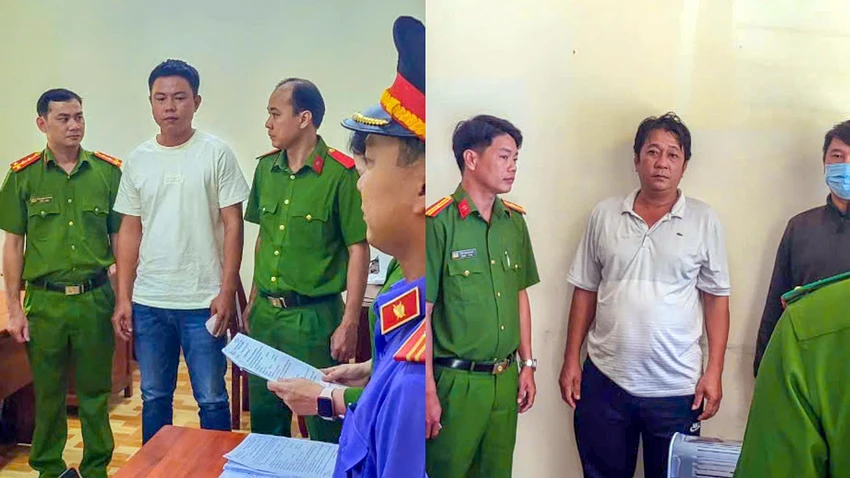 Cơ quan CSĐT Công an tỉnh Kiên Giang tống đạt Quyết định khởi tố và thi hành Lệnh bắt bị can Nguyễn Văn Tiền (ảnh trái) và bị can Đặng Minh Dương (ảnh phải) để điều tra tội lừa đảo chiếm đoạt tài sản. Ảnh: HOÀNG ĐÔ Bắt 3 bị can chiếm đất rừng phòng hộ rồi đem bán cho người khác