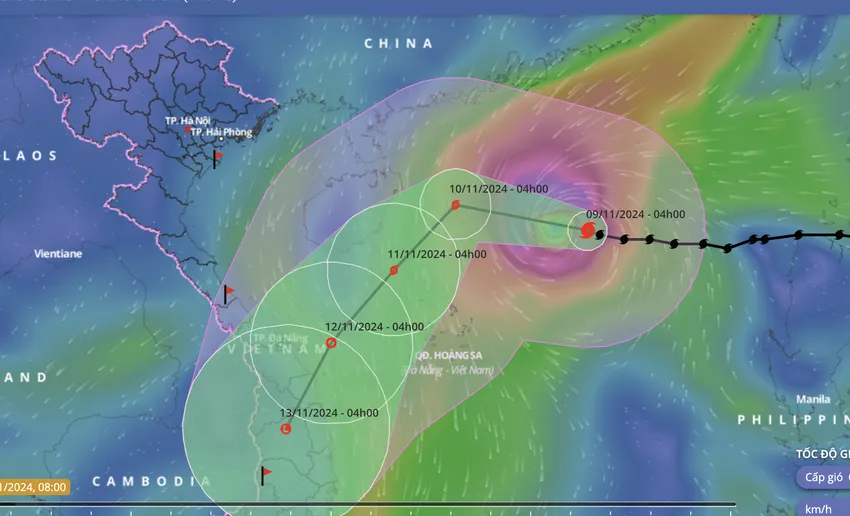 7 giờ sáng nay, bão số 7 đang cách quần đảo Hoàng Sa khoảng 430km về phía Đông Bắc. Ảnh: VNDMS bão số 7.png