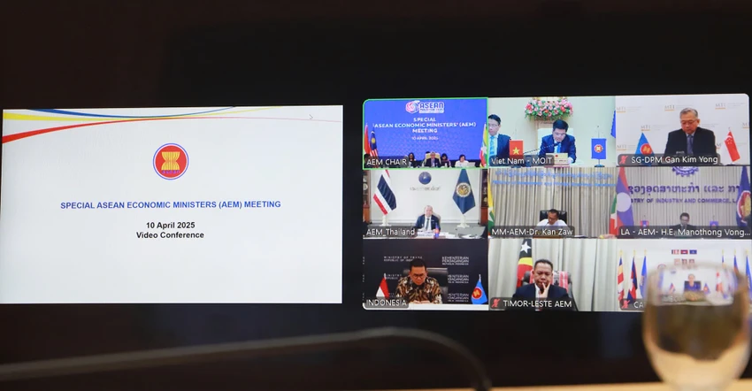 Sáng nay, 10-4, Hội nghị Bộ trưởng Kinh tế ASEAN đặc biệt về thuế đối ứng của Hoa Kỳ đã được tổ chức theo hình thức trực tuyến. Ảnh: BCT thuế đối ứng
