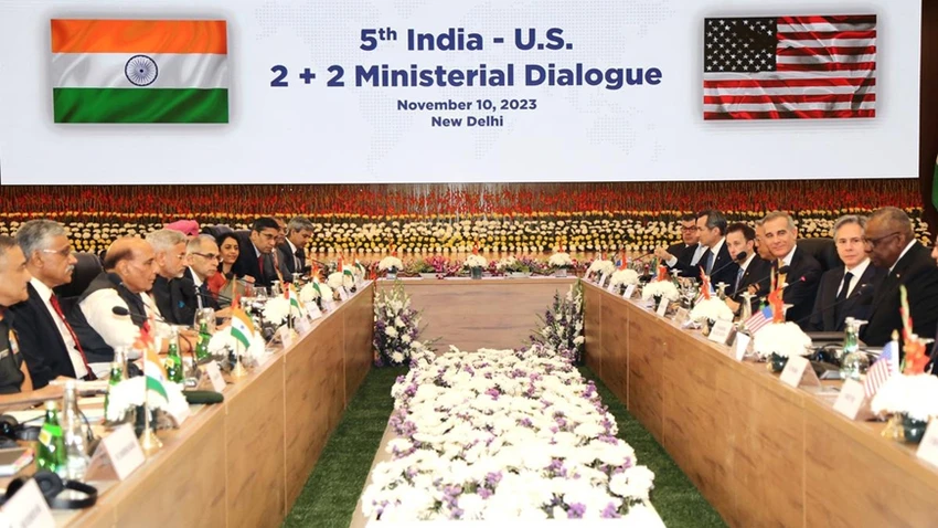 Hình ảnh Đối thoại 2+2 Mỹ-Ấn diễn ra tại New Delhi (Ấn Độ) hôm 10-11. Ảnh: THE HINDU TIMES Đối thoại 2+2 Mỹ-Ấn.png