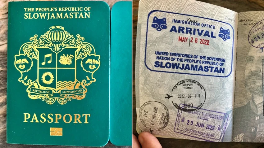 "Hộ chiếu" của Slowjamastan. Ảnh: CNN 230412095314-03-slowjamastan-micronation-passport-split-9824.jpg
