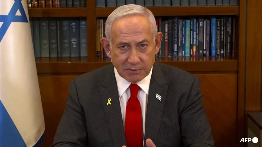 Thủ tướng Israel Benjamin Netanyahu đang có bài phát biểu trên truyền hình, ngày 18-1. Ảnh: AFP Thỏa thuận ngừng bắn, gaza, thủ tướng israel.png