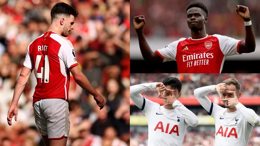 Rice chấn thương, Saka ghi bàn và Son Heung-min lập cú đúp là những điểm nhấn trong trận derby Bắc London. Ảnh: GETTY. arsenal-tottenham.png