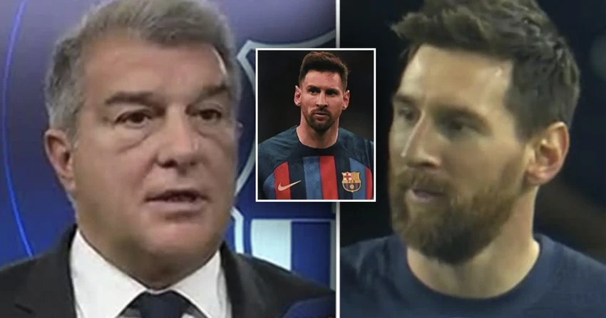 Messi không ngần ngại khẳng định Chủ tịch Barca "nói dối" về trận đấu chia tay anh ở sân Camp Nou. Ảnh: GETTY. messi-laporta.png