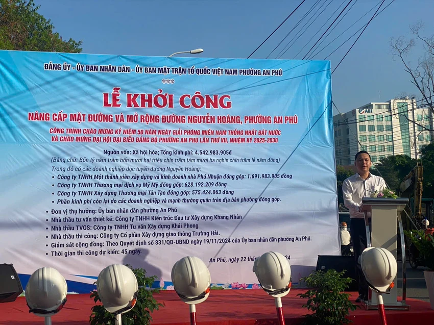 UBND phường An Phú khởi công dự án đường Nguyễn Hoàng từ nguồn xã hội hoá với tổng mức đầu tư hơn 4,5 tỉ đồng. Ảnh: CTV Khởi công nâng cấp, mở rộng đường Nguyễn Hoàng, TP Thủ Đức