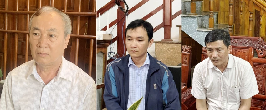 Ba bị can Trịnh Ngọc Gấm, Trịnh Xuân Nam, Hà Tiến Dũng (từ trái qua) bị Cơ quan CSĐT-Công an tỉnh Thanh Hóa trong vụ án vi phạm quy định về bồi thường, hỗ trợ, tái định cư khi Nhà nước thu hồi đất xảy ra tại xã Vĩnh An. Bắt giam nguyên bí thư Đảng ủy xã ở Thanh Hóa.jpg