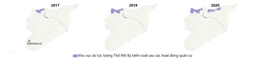 Khu vực do lực lượng Thổ Nhĩ Kỳ kiểm soát. Nguồn: CARTER CENTER/NEW YORK TIMES noi-chien-syria-kurd.png