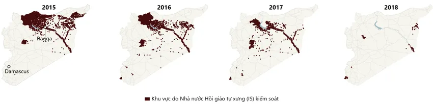 Khu vực do IS kiểm soát tính đến trước cuộc tấn công của phe nổi dậy vào ngày 27-11. Nguồn: CARTER CENTER/NEW YORK TIMES noi-chien-syria-nha-nuoc-hoi-giao.png