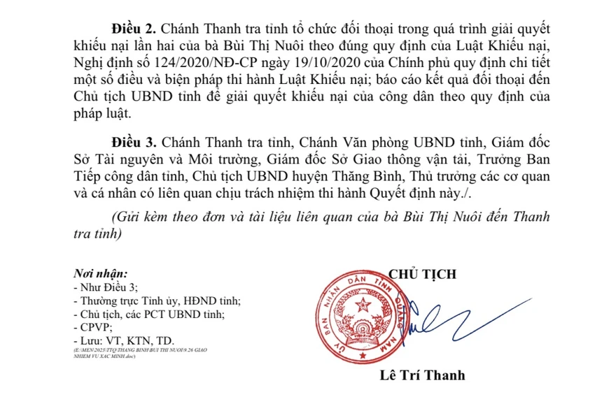 Quyết định của Chủ tịch UBND tỉnh Quảng Nam yêu cầu giải quyết khiếu nại của gia đình bà Nuôi. Ảnh: LP. chu-tich-quang-nam.jpg