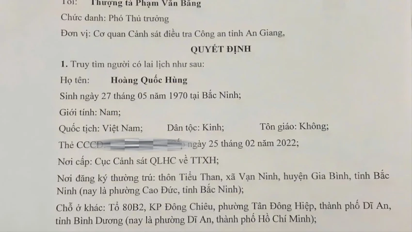 Quyết định truy tìm Hoàng Quốc Hùng bị tố lừa chạy án lừa chạy án,tại ngoại