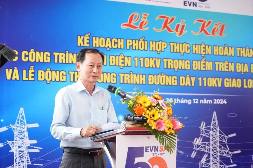 Phó Chủ tịch UBND tỉnh Bến Tre Nguyễn Minh Cảnh phát biểu tại buổi lễ EVNSPC động thổ công trình đường dây 110kv Giao Long – Phú Thuận