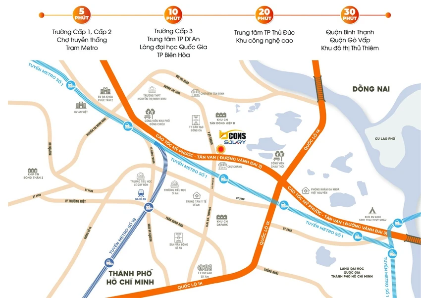 Vị trí chiến lược của Bcons Solary ngay tuyến metro. 