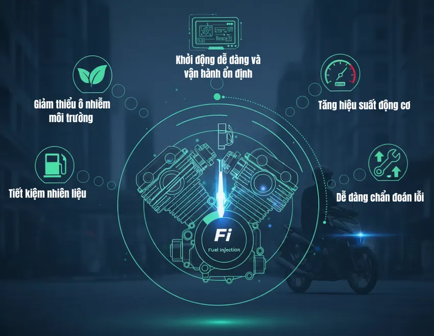 Ưu điểm vượt trội của hệ thống phun xăng tự động Fi trên xe máy