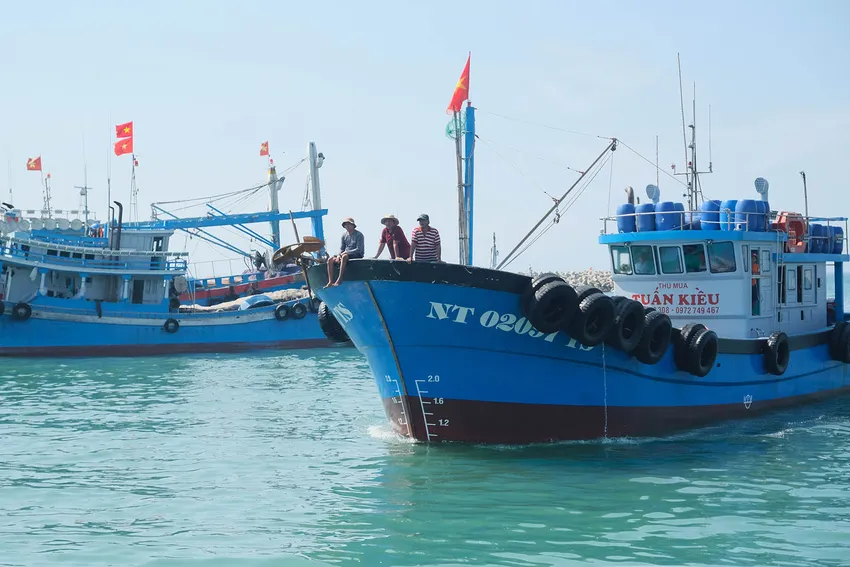 Tàu cá của ngư dân Ninh Thuận chuẩn bị cập bến sau chuyến đánh bắt trên biển. Ảnh: QUỐC VŨ