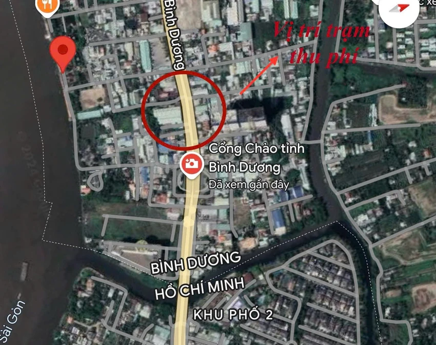 Vị trí đặt trạm thu phí trên Quốc lộ 13 tại cổng chào Bình Dương. Ảnh: Google vệ tinh trạm thu phí