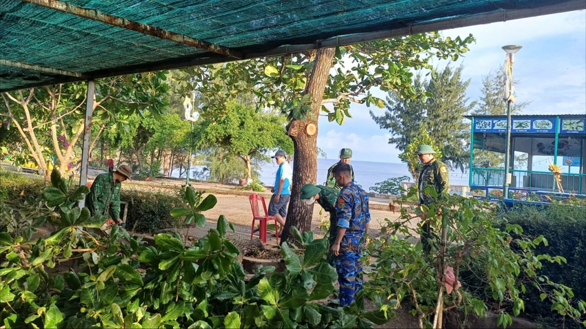 Các lực lượng cắt tỉa những cây xanh ở trên đảo Cồn Cỏ. ap-thap=nhiet-doi.jpg