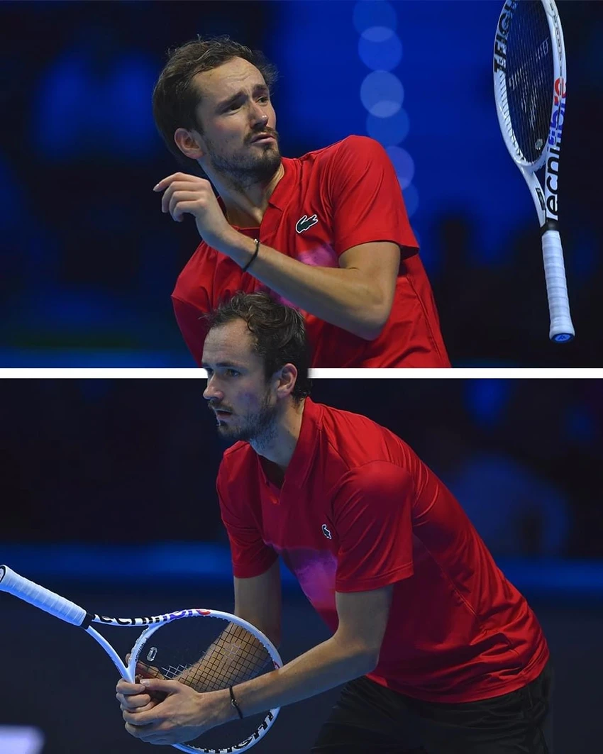 Medvedev "chiêu trò " trong lúc trả giao bóng của Fritz. Ảnh: EUROSPORT Daniil Medvedev tung chiêu trò
