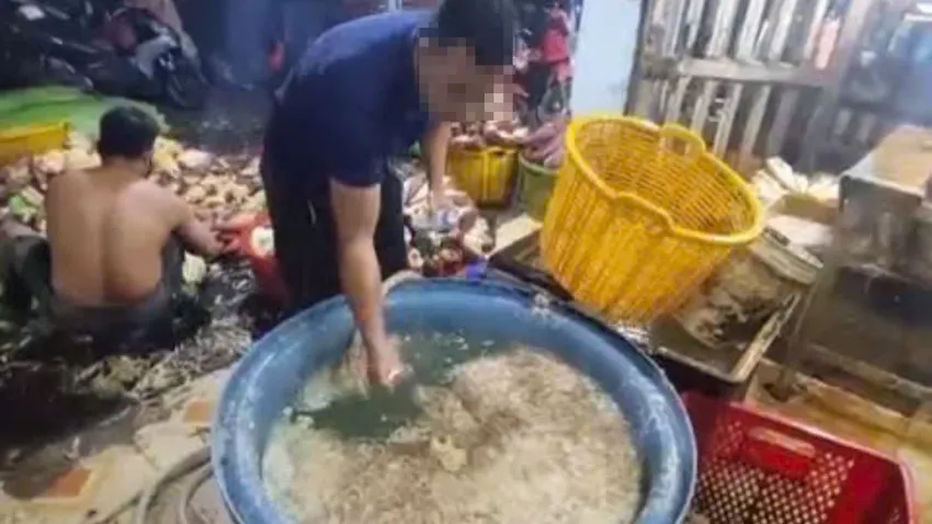 Nhân viên cơ sở sơ chế hoa chuối thực hành lại quá trình pha hóa chất, chất tẩy trắng vào nước ngâm hoa chuối. Ảnh: CA TP.HCM: Phát hiện ba cơ sở ngâm hoa chuối với hàn the, chất tẩy trắng