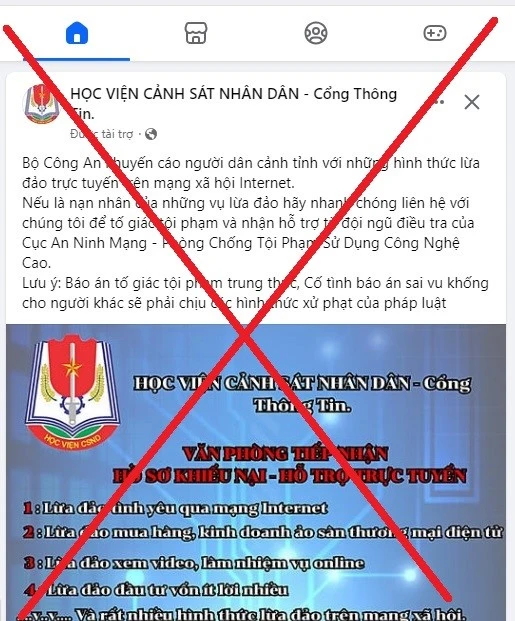 Trang facebook giả mạo Học viện Cảnh sát nhân dân. Ảnh chụp màn hình Giả Facebook Học viện Cảnh sát nhân dân để lừa đảo