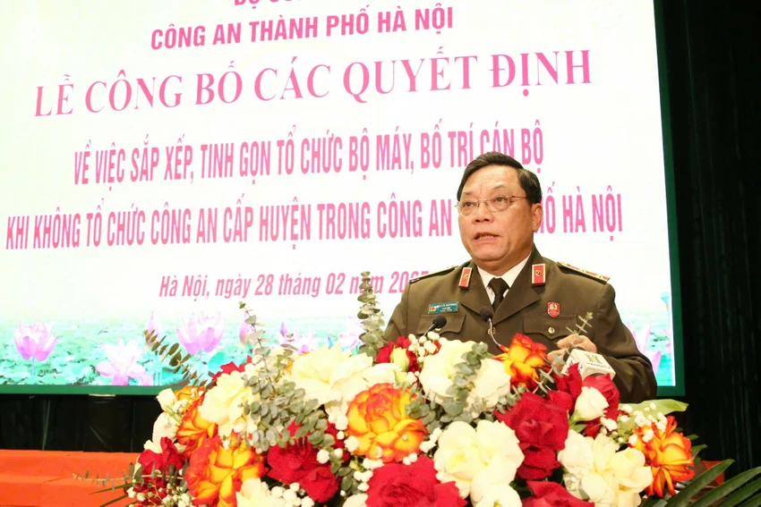 Trung tướng Nguyễn Hải Trung phát biểu tại hội nghị. Ảnh: CA Cong-an-tp-ha-noi.jpg