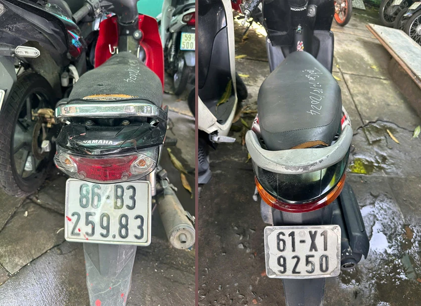 Công an quận Bình Tân phát thông báo tìm chủ của hai xe máy trong vụ tạt sơn trên địa bàn. Ảnh: NT Công an tìm chủ của 2 xe máy trong vụ tạt sơn ở Bình Tân